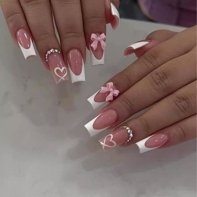 Goiern French Press on Nails mit Charms - Mittel Fake Nails Weiß, Süße