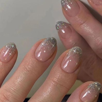 24 Stück Mandel French Press on Nails Kurz, Silbern Glänzend Künstliche Nägel