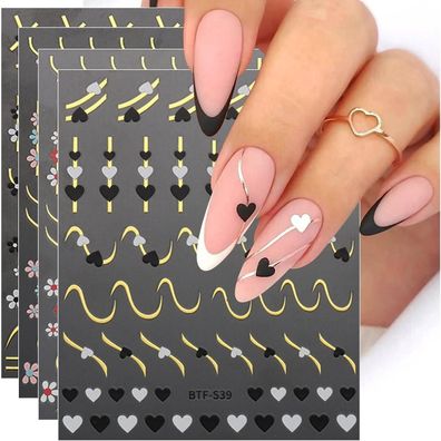 Jmeowio Nagelsticker Set mit Herzen, Linien und Blumen - 9 Blatt selbstklebende