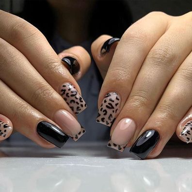 LunarCharm 24 Stk. Kurz Quadratisch Schwarz Kunstnägel mit Leopardenmuster