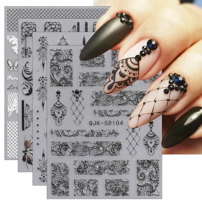 Jmeowio 3D Nagelsticker Schwarz Weiß Blumen Nail Art Sticker Selbstklebend 5D