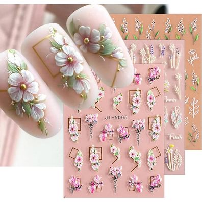 Jmeowio 3D Nagelsticker mit Blumen und Laub, 4 Blatt selbstklebende Nail Art