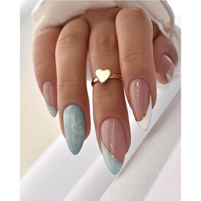 Sethexy Mandel Kurz French Press on Nails Blau Quarz Glänzend Fake Nails 24