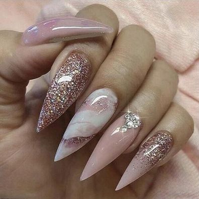 Justotry 24 Stück Marmor Stiletto French Künstliche Nägel Lang Roségold zum
