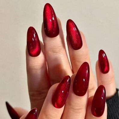 Justotry Dunkelrot Cat Eye Nägel zum Aufkleben Kurz, 24 Stück Burgundy Mandel