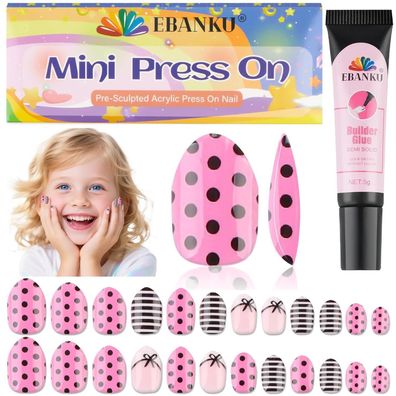 EBANKU 24 Stück Kinder Fake Nagel Kit mit Fliege Design, Presse auf Nägel für