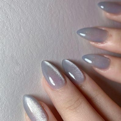 Justotry 24 Stück Grau Cat Eye Nägel Zum Aufkleben Kurz, Glitzer Mandel Press