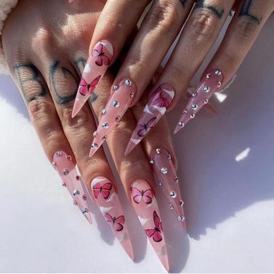 Justotry 24 Stiletto Schmetterling Nägel Zum Aufkleben Lang Pink French