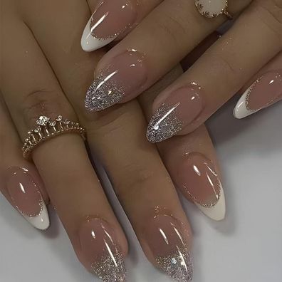 SanFangyue Press On Nails Kurz, 24 Stück French Glitter Acryl Kunstnägel zum