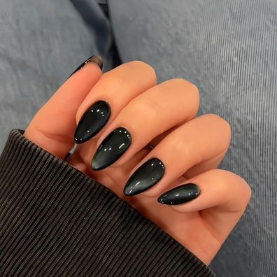 KQueenest Cat Eye Press On Nails Mandel Mittel - Schwarz Glitzer Fake Nails