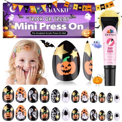 EBANKU Halloween Kinder Aufkleber Nägel Set, 24-teiliges Mandel Kunstnagel-Set