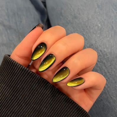 KQueenest Cat Eye Press On Nails Mandel Mittel, Schwarz Glitzer Gold Fake Nails
