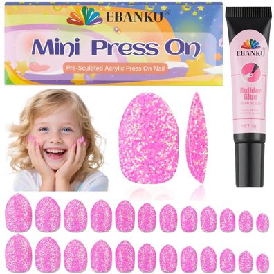 EBANKU 24 Stück Splendid Rosa Falsche Nägel für Kinder Mädchen, Kurz