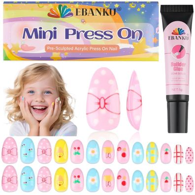 EBANKU 26 Stück Kinder Falsche Nägel, Mini Kleber auf Nagel für Mädchen 6-10