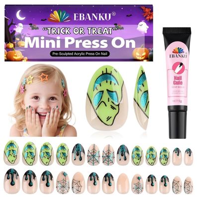 EBANKU 26 Stück Halloween Kunstnägel für Kinder, "Grüner Spinnennetz-Albtraum"