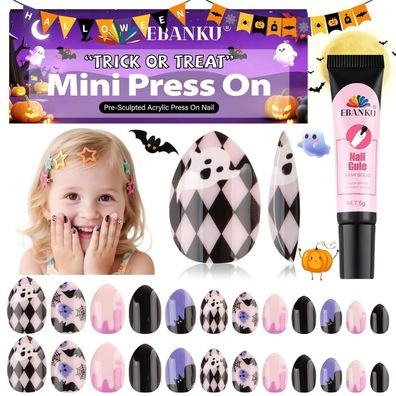 24 Stück EBANKU Halloween Mini-Klebe-Nägel für Kinder, Mandelform, Acrylnägel