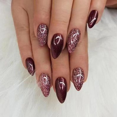 24x Mandel Kirschrot Glitzer Press on Nails zum Aufkleben, Mittel Künstliche