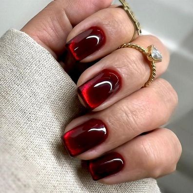 MouyouGlow Kurz Press on Nails Square Dark Rot Burgundisch Cat Eye Magnetic