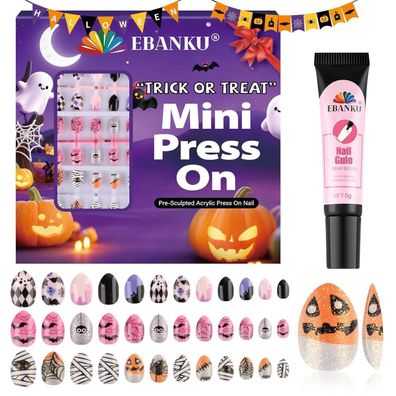 EBANKU 72 Stück Halloween Kunstnägel für Kinder, 3er-Pack niedliche