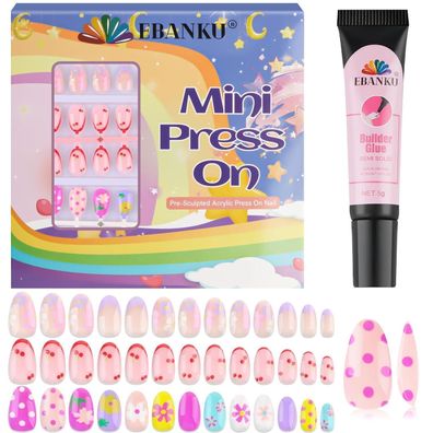 EBANKU 78PCS Kinder Drück-Auf-Nägel, Bunte Polka Dots, Kurz, mit Nagelkleber