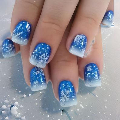 24 Stück Kurz Square French Blau Glänzend Press on Nails mit Schneeflocken