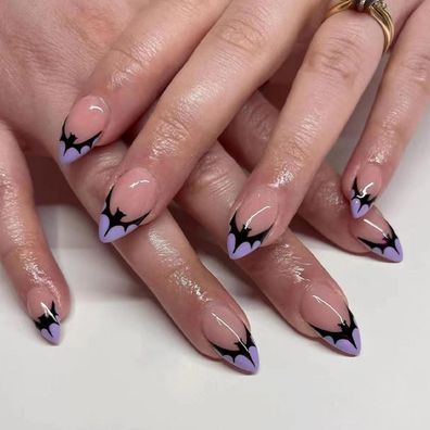 24 Stück Halloween Lila French Nägel zum Aufkleben Kurz Mandel Press on Nails