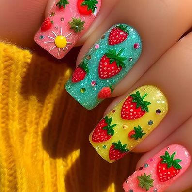 24x Künstliche Nägel Eckig Mittel Grün Gelb French Tip mit Erdbeere Sonne Design