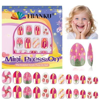 EBANKU 24 Stück Erdbeer-Kunstnägel für Kinder - Kurze Mandel-Presse auf Nägel