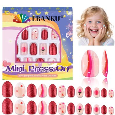 EBANKU 24 Stück Kind Falsche Nägel Kit, Mandel Presse auf Nägel für Liebliches