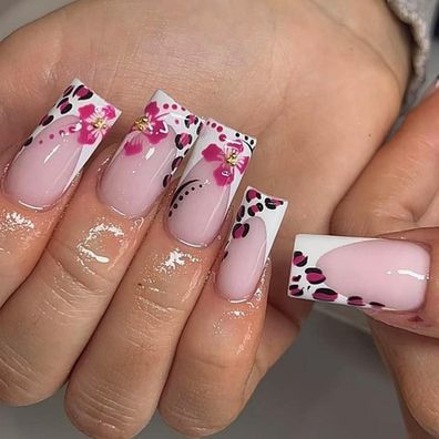 MouyouGlow Lange Press on Nails Square Rosa Leopard French Blumen Floral Fake