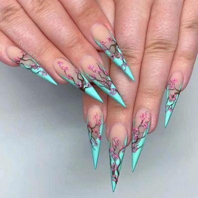Justotry 24 Stk. Lange Flower Stiletto French Nägel zum Aufkleben, Grün, Mandel