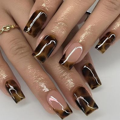 Nymora 24 Stück French Tip Press on Nails mit Leopard Print Designs, Medium