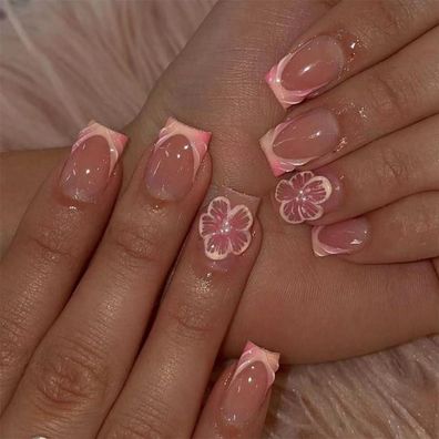 MouyouGlow Kurz Press on Nails Beige Rosa French 3D Blumen Floral Pearl Design