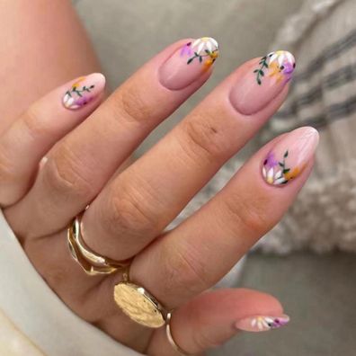 Justotry 24x Lila-Weiss Blumen Mandel Nägel zum Aufkleben Kurz Glossy French