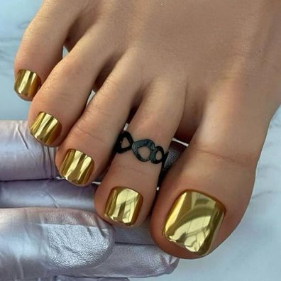 KQueenest Chrome Gold Zehennägel zum Aufdrücken Kurz Quadratisch Metallic