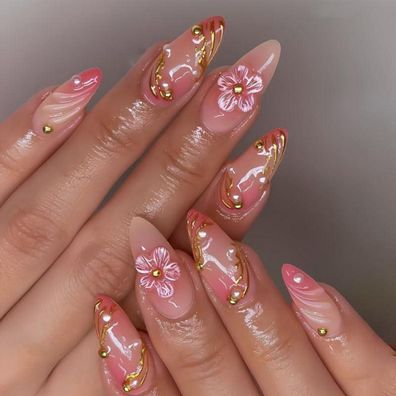MouyouGlow Kurz Almond Beige Rosa Airbrushing 3D Blumen Floral Gold Pearl Fake