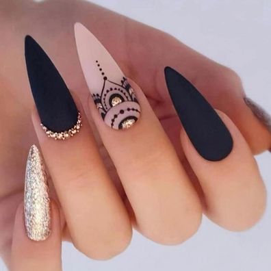 Justotry 24 Stiletto Glitter Nägel Zum Aufkleben Lang, Matt Schwarz French