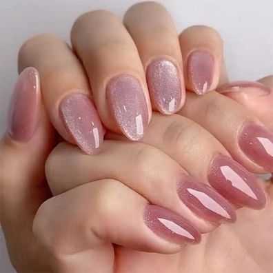 KQueenest Cateye Press On Nails - 24 Stück Glitzer Rosa Kurz Mandel Fake Nails