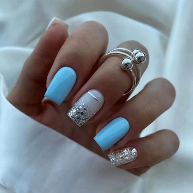 Justotry 24 Stück Glitzer French Press on Nails Eckig Mittel, Sky Blau