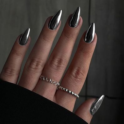 KQueenest Chrome Press On Nails, Mittel Mandel, Rauchgrau, Spiegel Effekt, 24