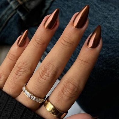 KQueenest Chrome Press On Nails - Metallic Bronze Mandel, Spiegel Effekt