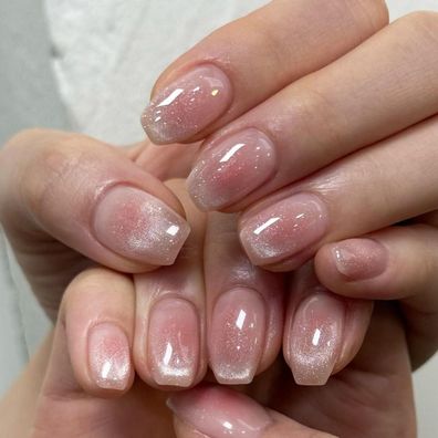 KQueenest Cat Eye French Tip Ombré Rosa Kurz Sarg Nägel zum Aufkleben 30 Stück