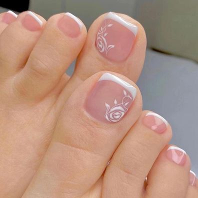 24x Französische Künstliche Zehennägel Kurz Beige Weiß Quadratisch mit Rosen