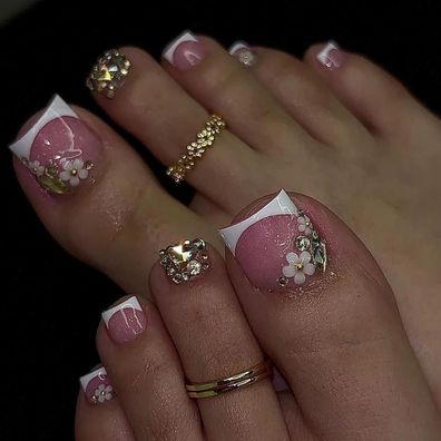 Ceboic 24 Stück Falsche Fußnägel in Rosa Glänzend, 12 Größen, mit Blumen