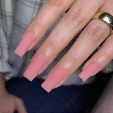 KQueenest Lange Eckige Sarg Nägel zum Aufkleben Rosa Matt Jelly-Gel Fake Nails
