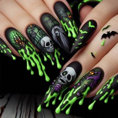 MouyouGlow Halloween Scream Ghostface Kunstnägel mit Nagelkleber - Schwarz