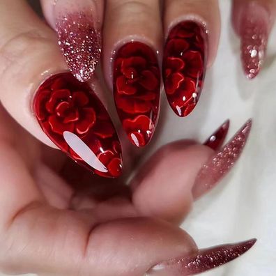 Ceboic 24 Stück Mandel French Press on Nails Rot Blumen Künstliche Fingernägel