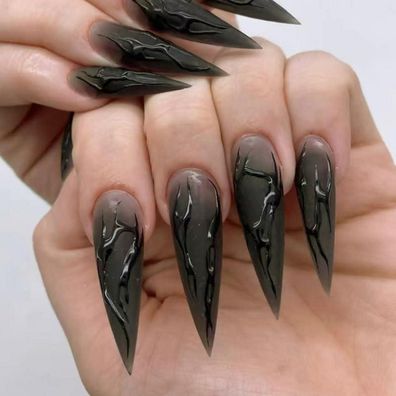 MouyouGlow Press on Nails Extrem Lang Stiletto Halloween Schwarz 3D Aura Cool