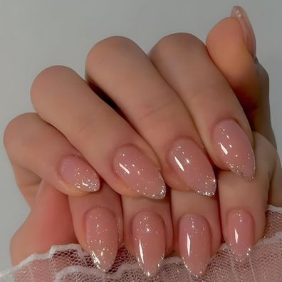 Ceboic 24 Stück Medium Almond Beige Rosa Kunstnägel mit Glitzer Katzenaugen
