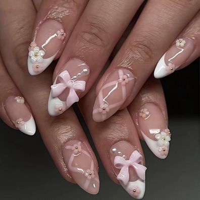 Virellay 24 Stück French Almond Nägel zum Aufkleben mit Blume & Schleife Design